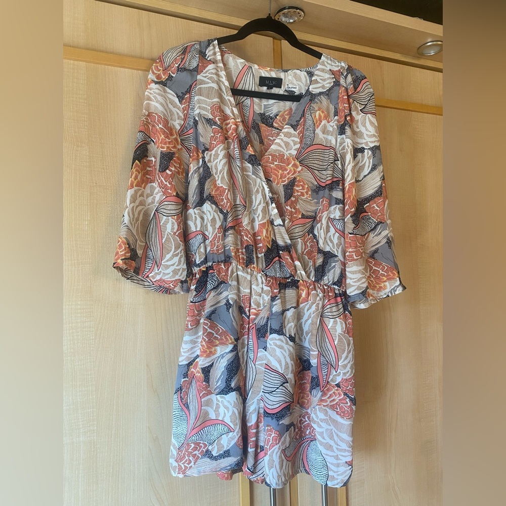 MAAC London Floral Print Romper Orange Gray V Neck Size Medium